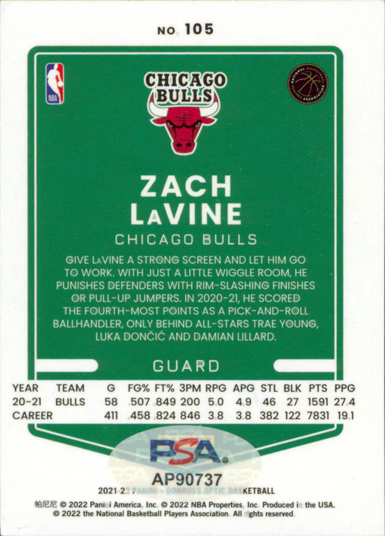 Bulls Zach LaVine Authentic Signed 2021 Donruss Optic #105 Card PSA/DNA #AP90737