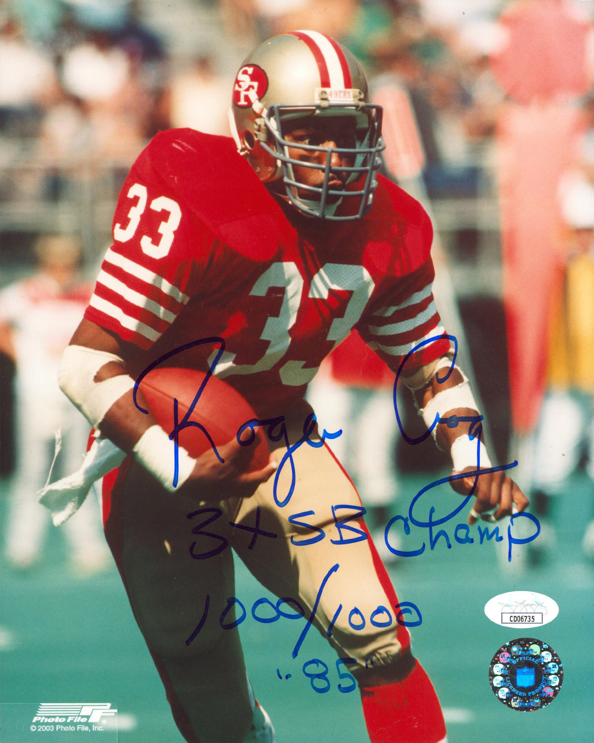 49ers Roger Craig "2x Inscribed" Signed 8x10 PhotoFile Photo JSA #CD06735