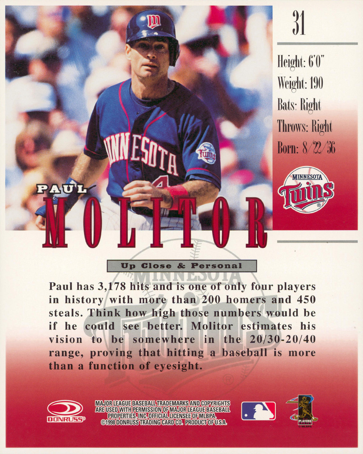 Twins Paul Molitor Signed 8.5x11 1998 Donruss #31 Trading Card JSA #CD80555