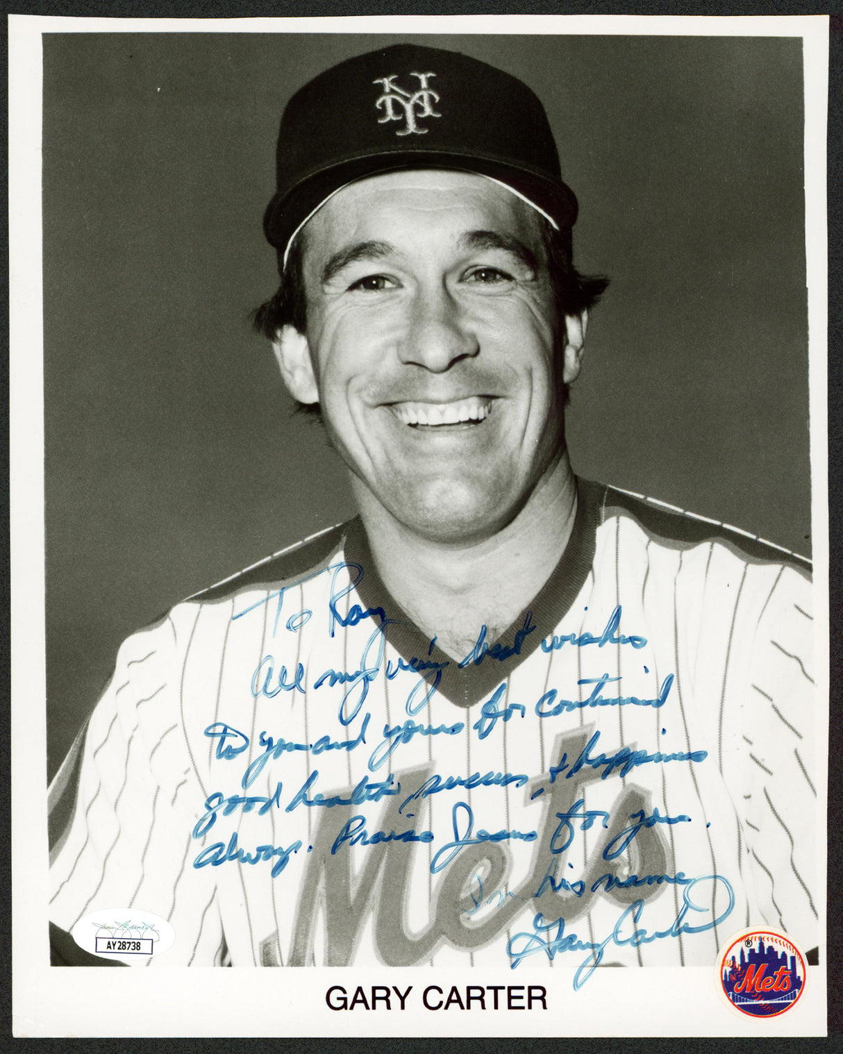 Mets Gary Carter "To Roy All My Very Best Wishes" Signed 8x10 Photo JSA #AY28738