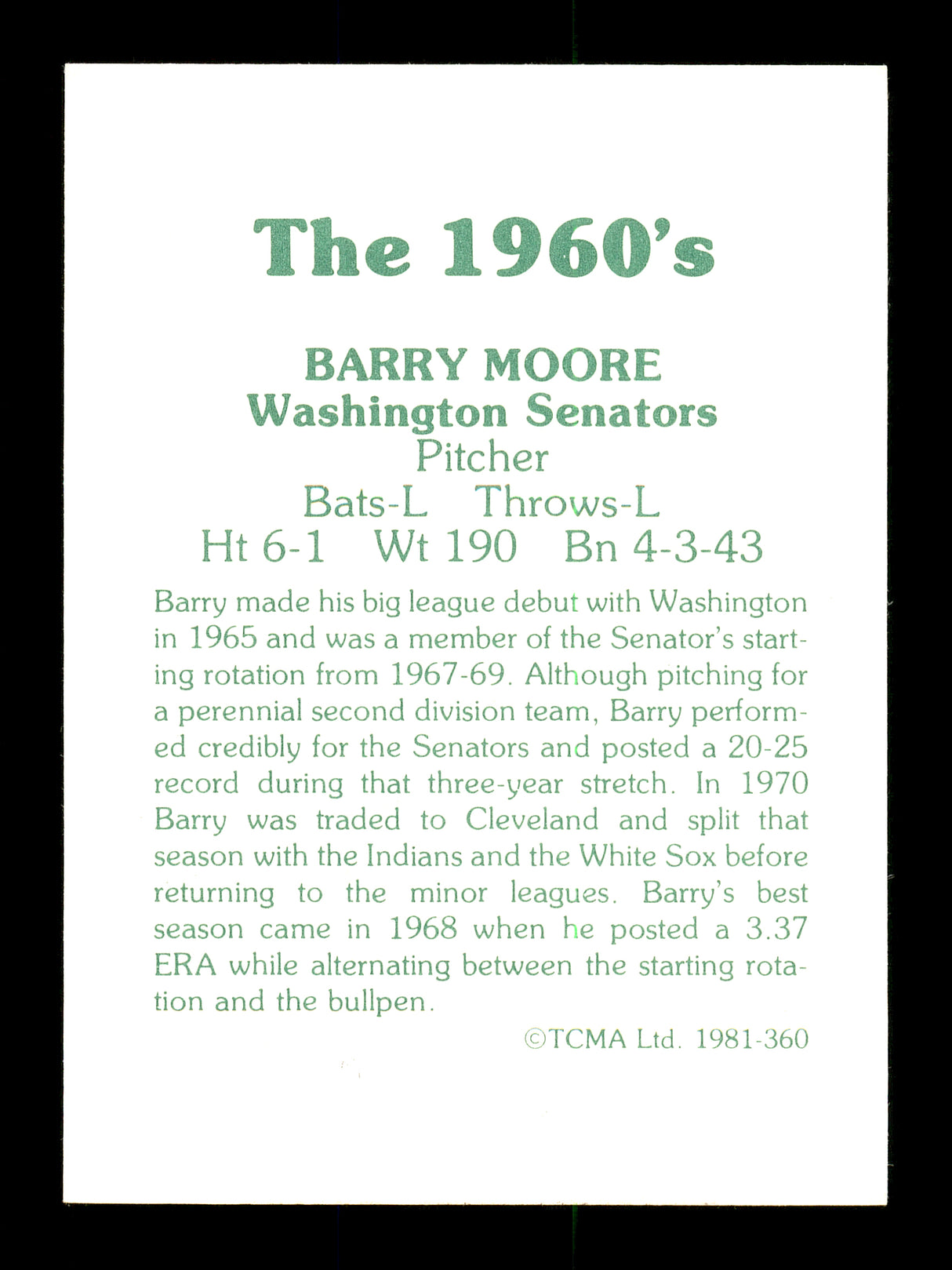 Barry Moore Autographed 1981 TCMA Card #360 Washington Senators "Best Wishes" SKU #171831