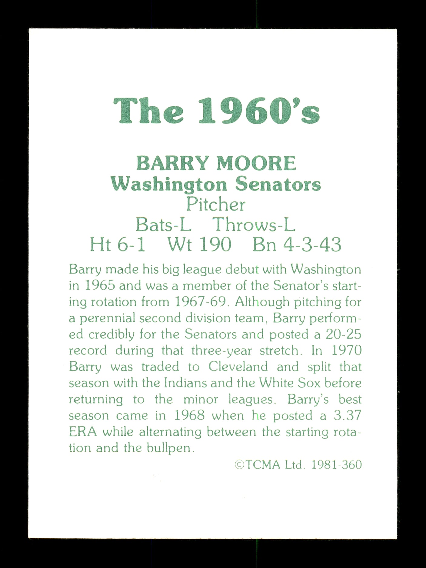Barry Moore Autographed 1981 TCMA Card #360 Washington Senators "Best Wishes" SKU #171831