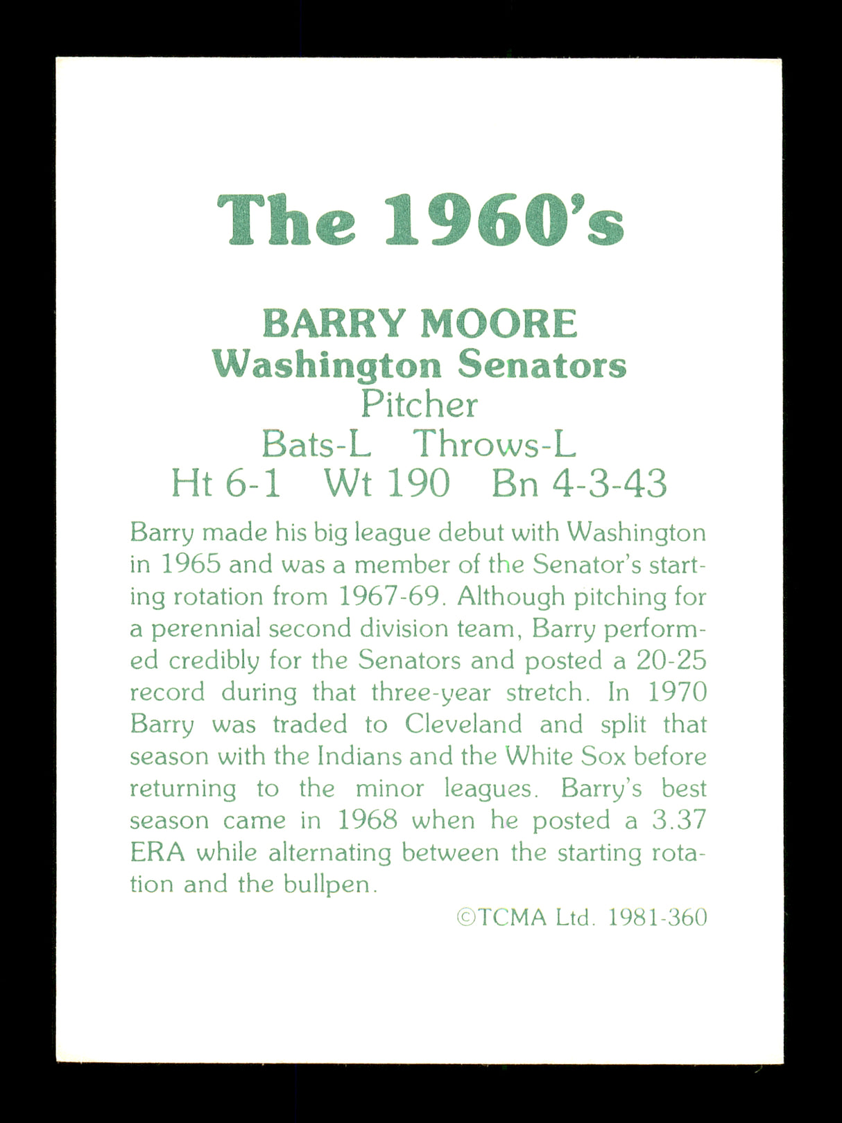 Barry Moore Autographed 1981 TCMA Card #360 Washington Senators "Best Wishes" SKU #171832