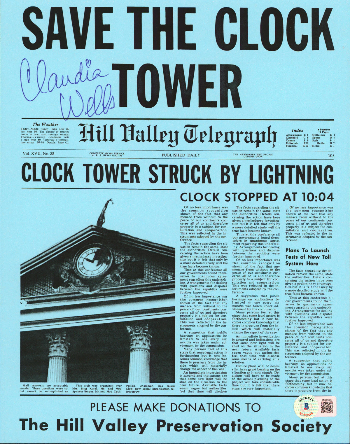Claudia Wells Back To The Future Signed Replica Save The Clock Tower Flyer BAS 2