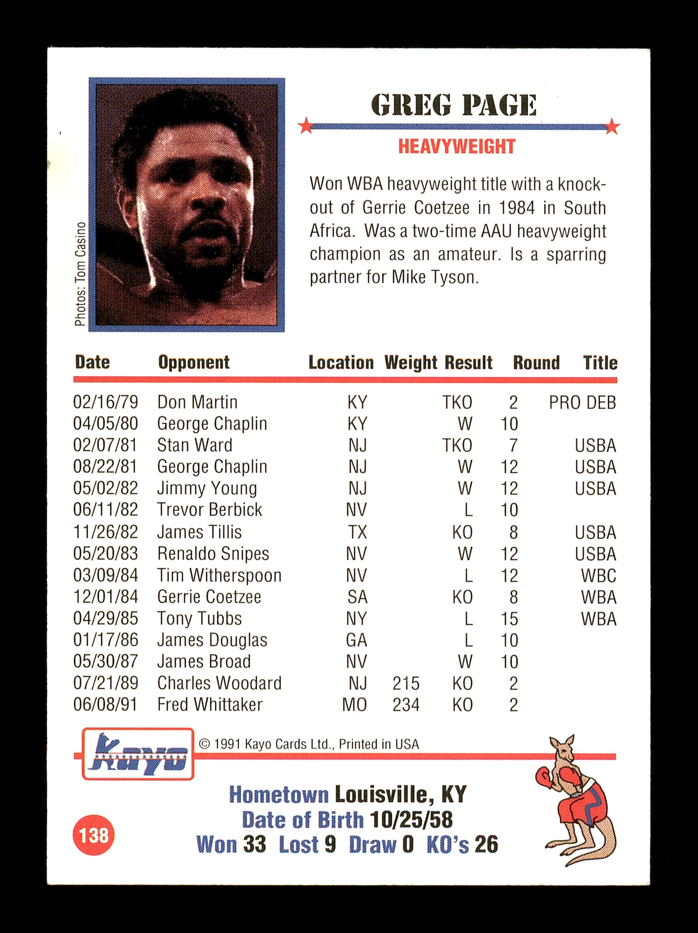 Greg Page Autographed 1991 Kayo Rookie Card #138 Four Champ SKU #167220