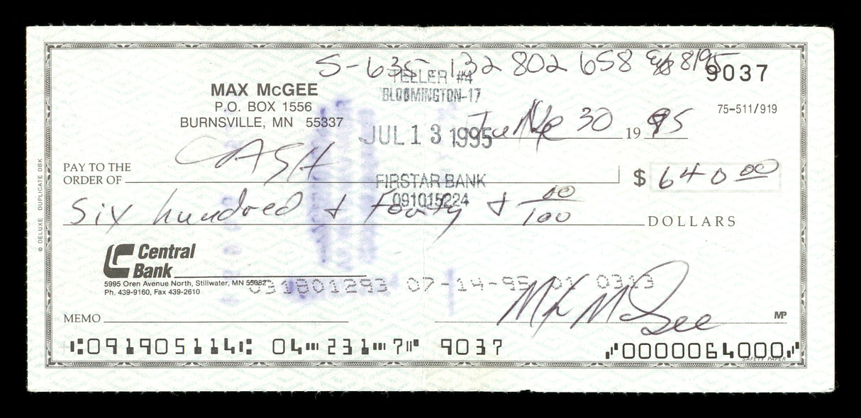 Max McGee Autographed 2.75x6 Check Green Bay Packers SKU #174012