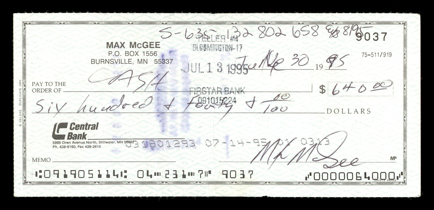 Max McGee Autographed 2.75x6 Check Green Bay Packers SKU #174012