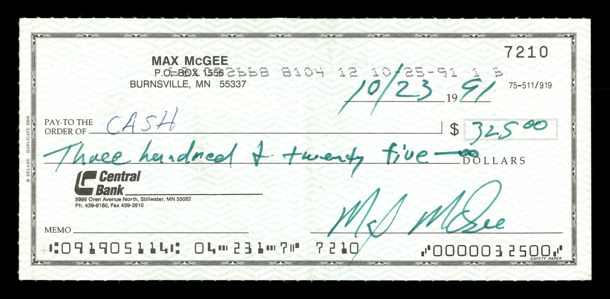 Max McGee Autographed 2.75x6 Check Green Bay Packers SKU #174013