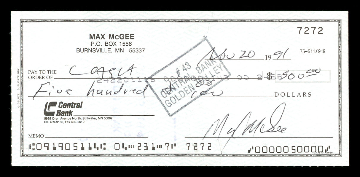 Max McGee Autographed 2.75x6 Check Green Bay Packers SKU #174020