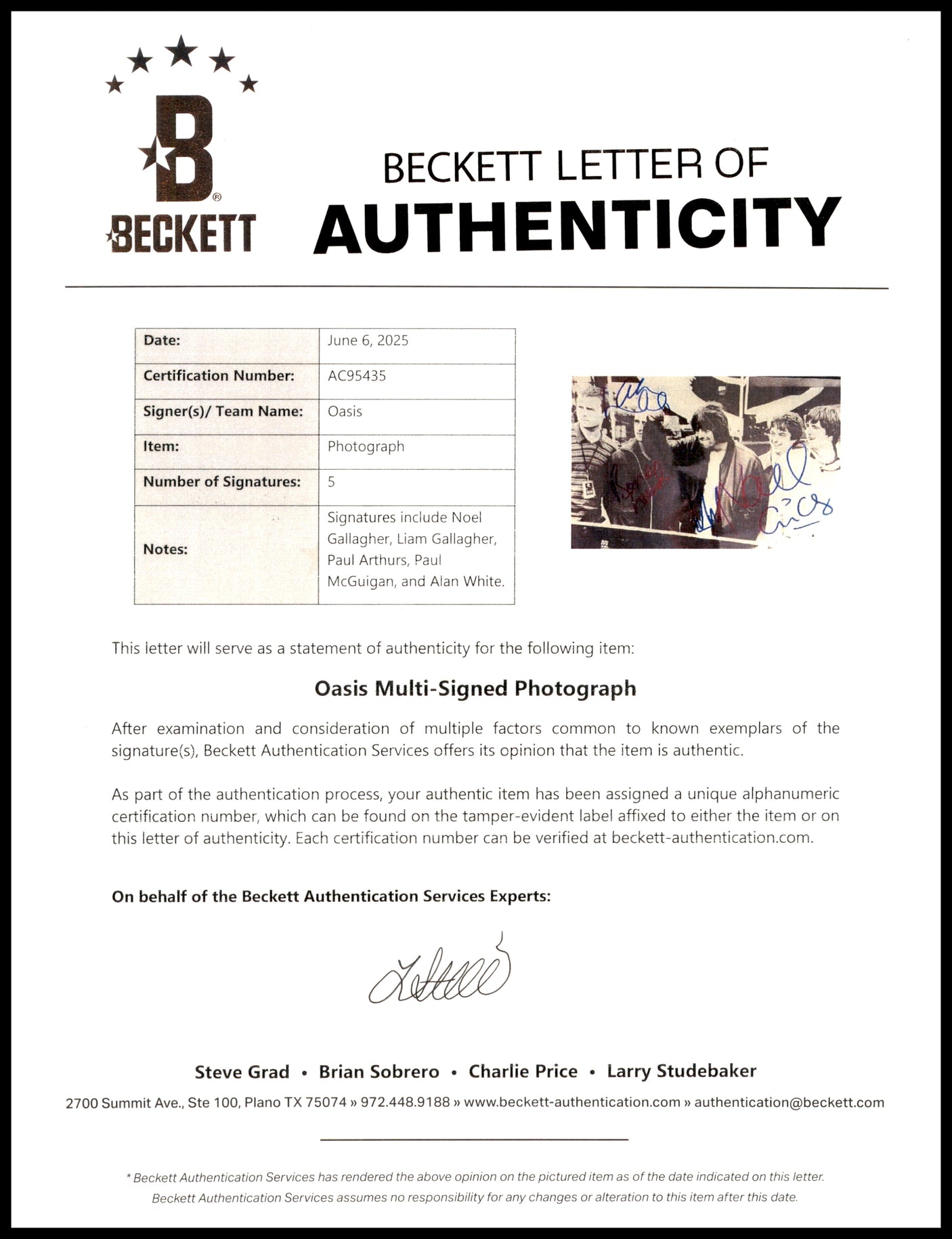 Oasis Autographed 8x12 Photo Band With 5 Signatures Including Noel & Liam Gallagher Beckett BAS #AC95435