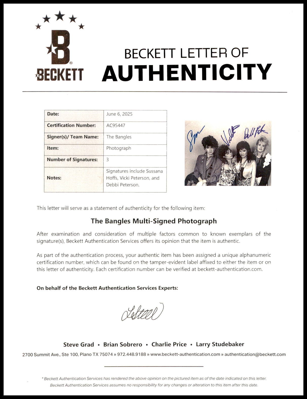 The Bangles Autographed 11x14 Photo Band With Susanna Hoffs Beckett BAS #AC95447