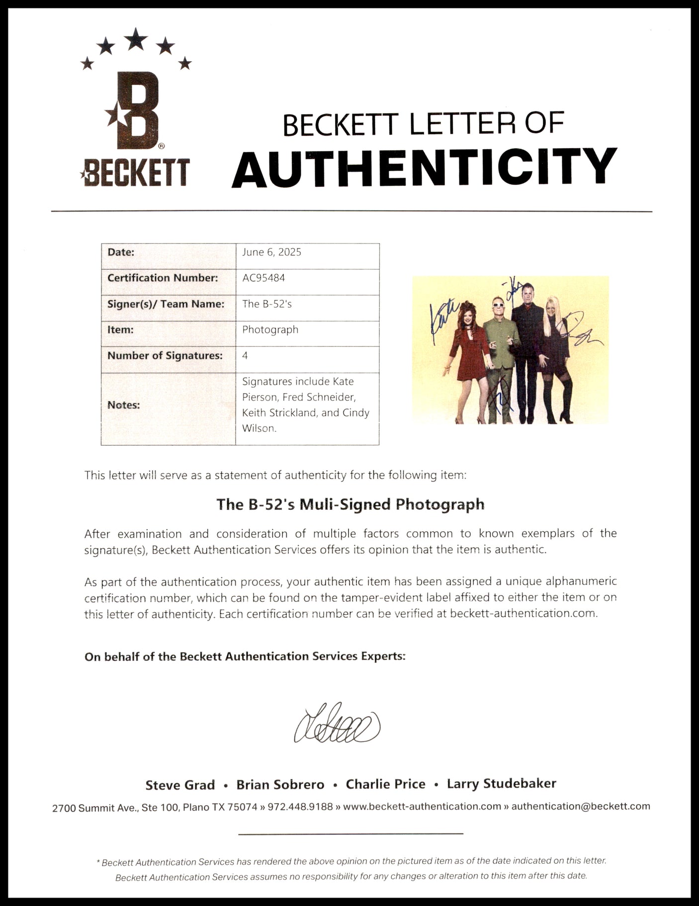 B-52's Autographed 11x14 Photo Band Signed By All 4 Beckett BAS #AC95484