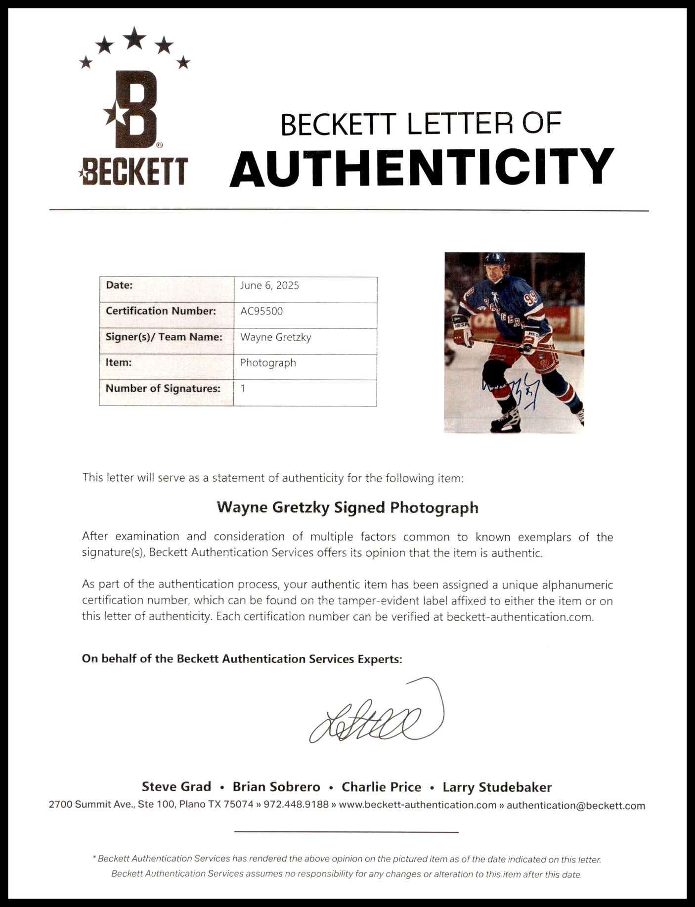 Wayne Gretzky Autographed 8x10 Photo New York Rangers Beckett BAS #AC95500
