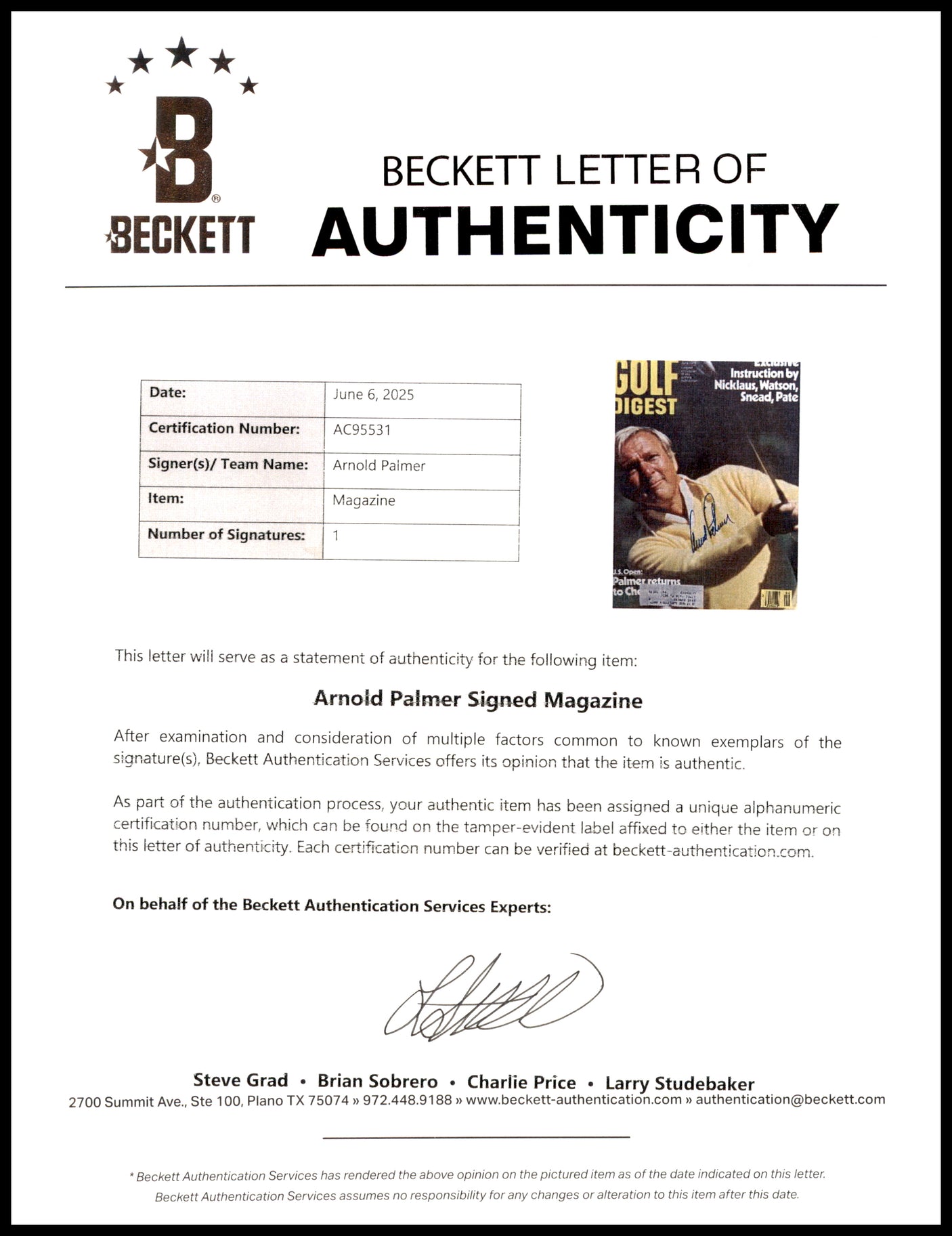 Arnold Palmer Autographed Golf Digest Magazine Beckett BAS #AC95531