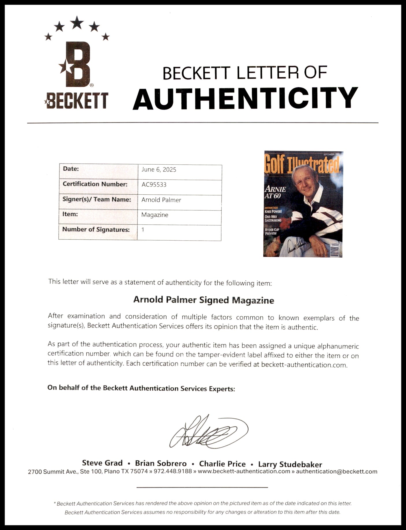 Arnold Palmer Autographed Golf Illustrated Magazine Beckett BAS #AC95533