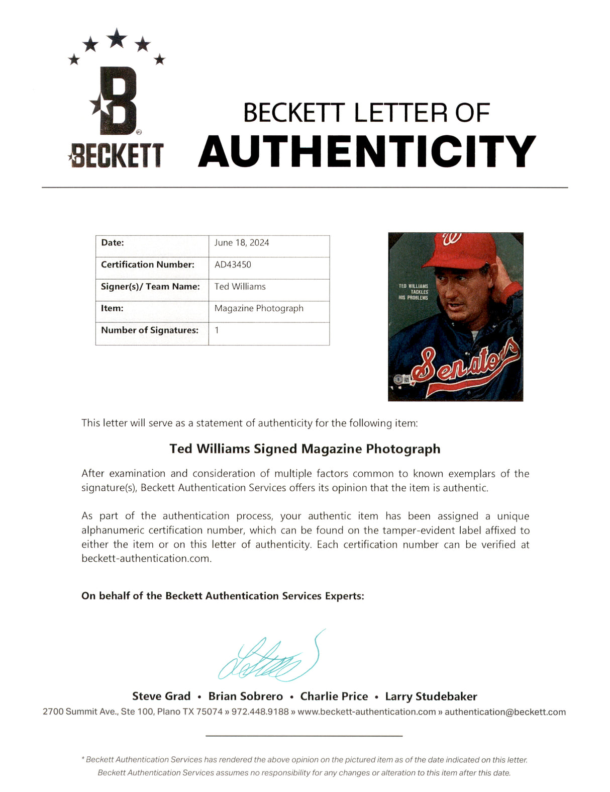 Ted Williams Autographed 8x10 Sports Illustrated Cover Washington Senators Beckett BAS #AD43450