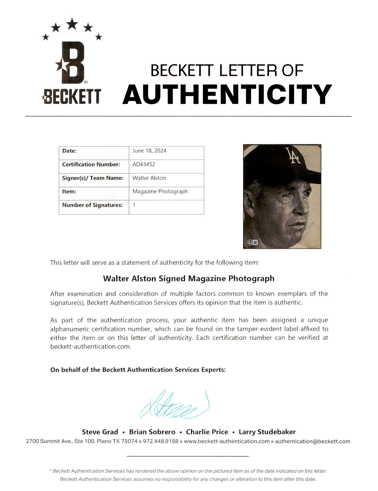 Walter Alston Autographed 8x10 Magazine Page Photo Los Angeles Dodgers Beckett BAS #AD43452