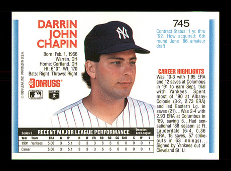 Darrin Chapin Autographed 1992 Donruss Rookie Card #745 New York Yankees SKU #184572