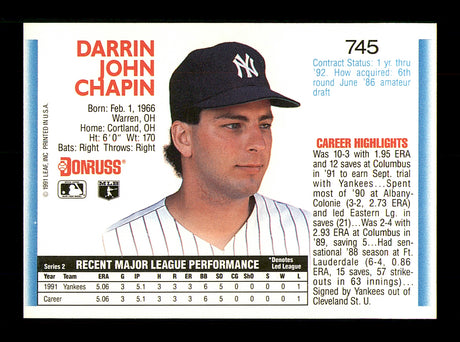 Darrin Chapin Autographed 1992 Donruss Rookie Card #745 New York Yankees SKU #184573