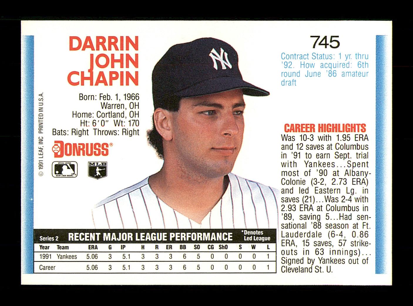 Darrin Chapin Autographed 1992 Donruss Rookie Card #745 New York Yankees SKU #184573