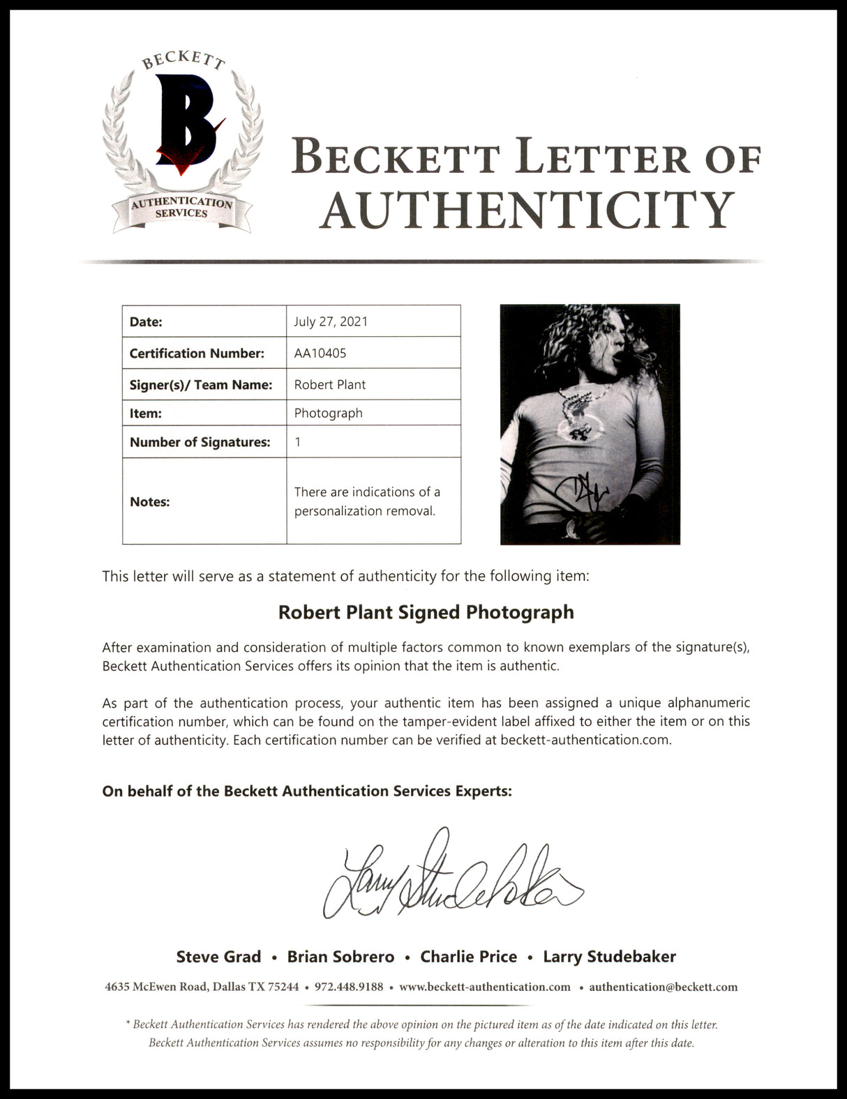 Robert Plant Autographed 8x10 Photo Led Zeppelin (Removed Personalization) Beckett BAS #AA10405