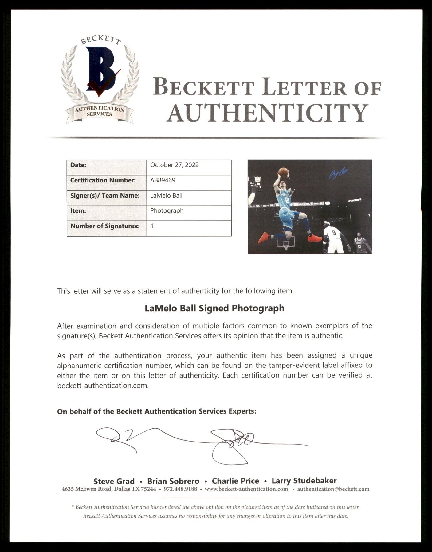 LaMelo Ball Autographed 16x20 Photo Charlotte Hornets Beckett BAS QR Stock #209477
