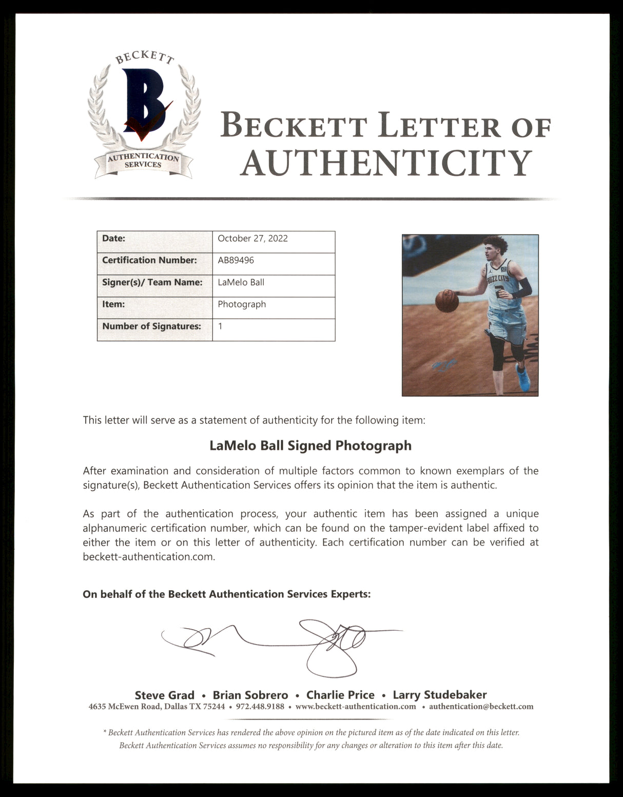 LaMelo Ball Autographed 16x20 Photo Charlotte Hornets Beckett BAS QR Stock #209478