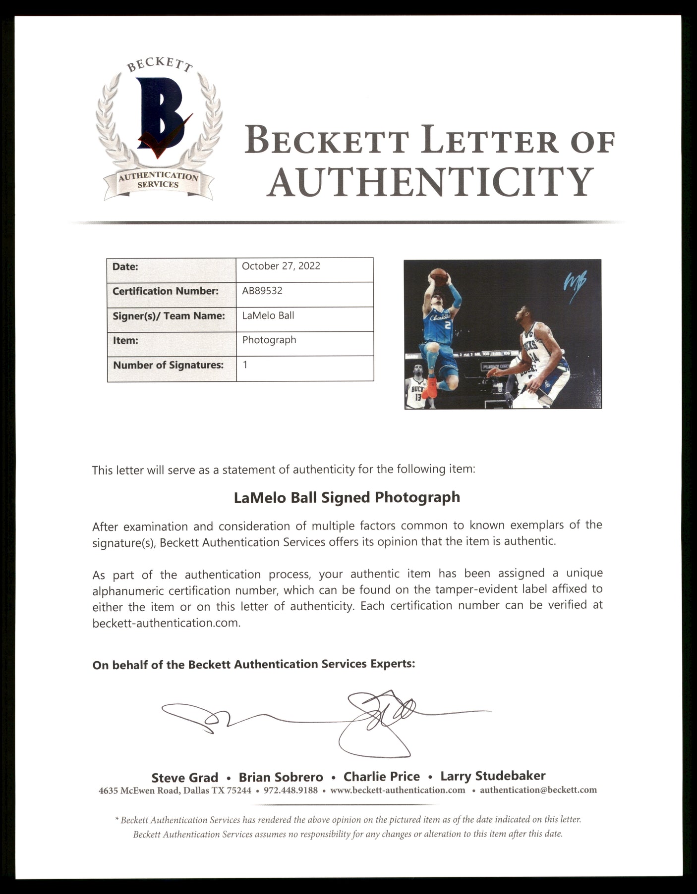 LaMelo Ball Autographed 16x20 Photo Charlotte Hornets Beckett BAS QR Stock #209479