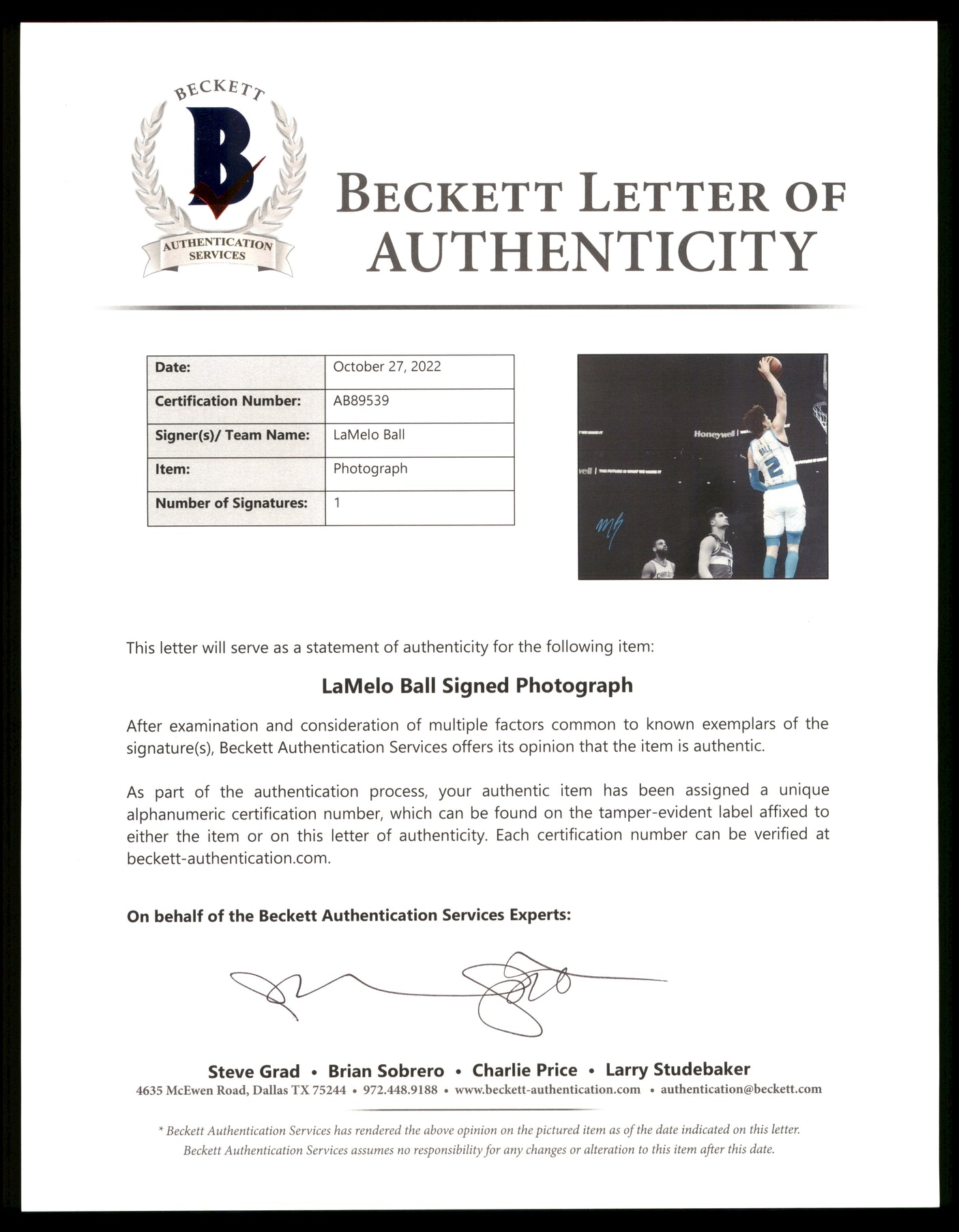 LaMelo Ball Autographed 16x20 Photo Charlotte Hornets Beckett BAS QR Stock #209480