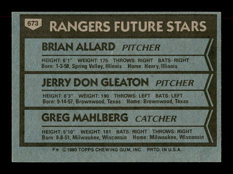 Brain Allard, Jerry Don Gleaton & Greg Mahlberg Autographed 1980 Topps Rookie Card #673 Texas Rangers SKU #166396