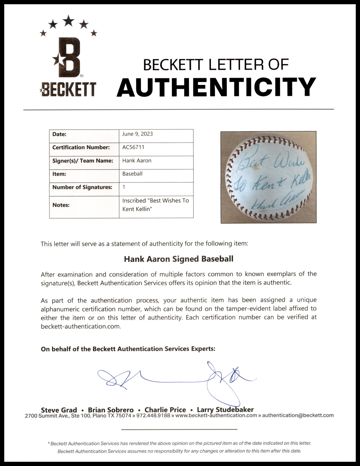 Hank Aaron Autographed Official Wilson Major League Baseball Atlanta Braves "Best Wishes To Kent" Vintage Signature Beckett BAS #AC56711