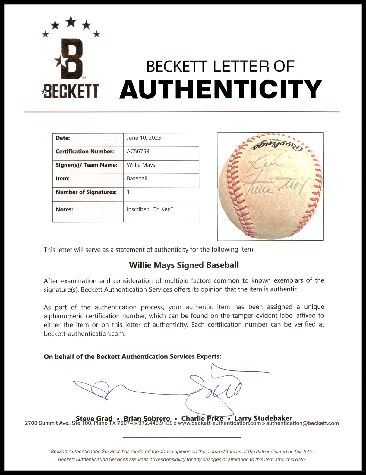 Willie Mays Autographed Official Feeney NL Baseball San Francisco Giants "To Ken" Vintage Signature Beckett BAS #AC56759