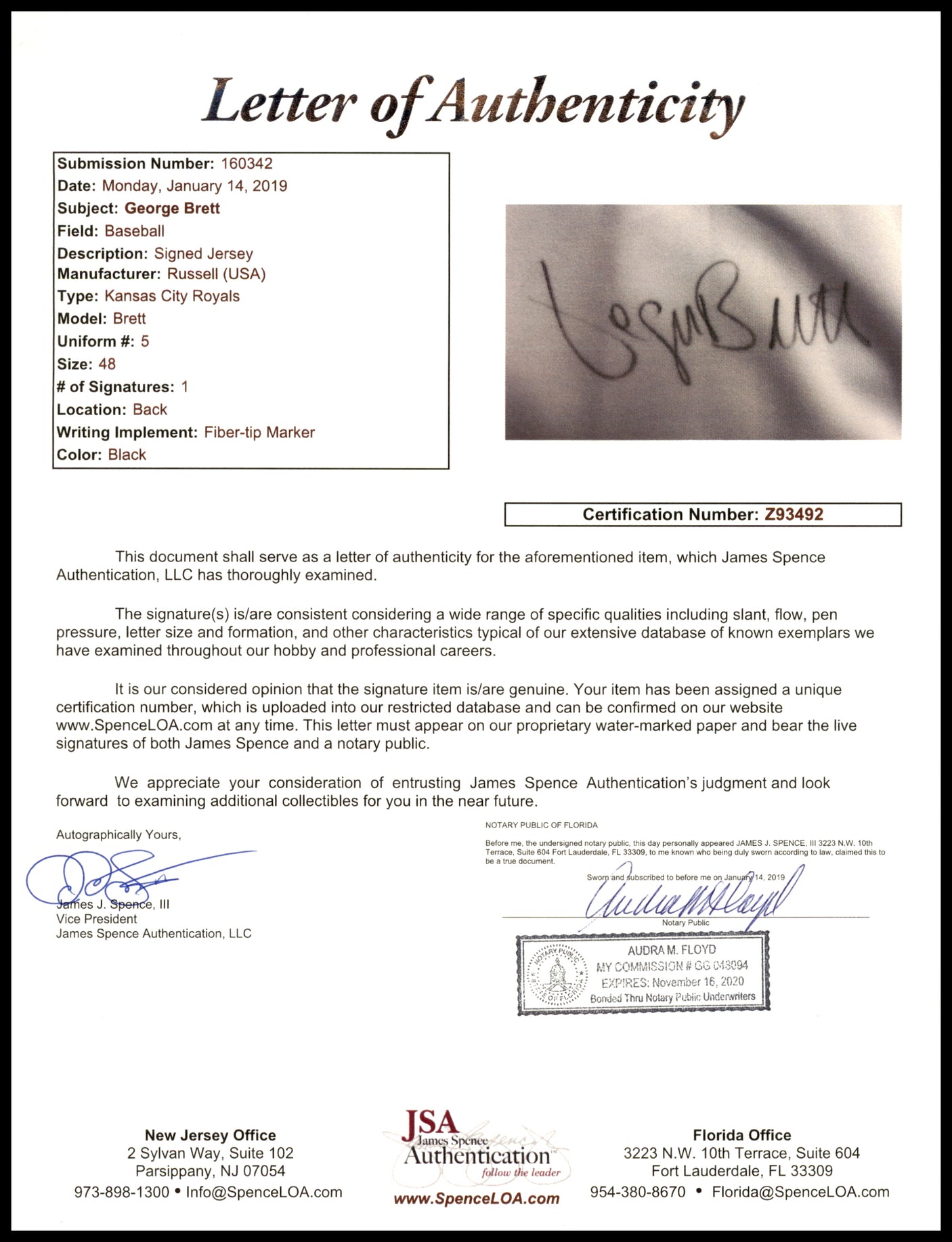 Kansas City Royals George Brett Autographed Framed White Russell Jersey JSA #Z93492