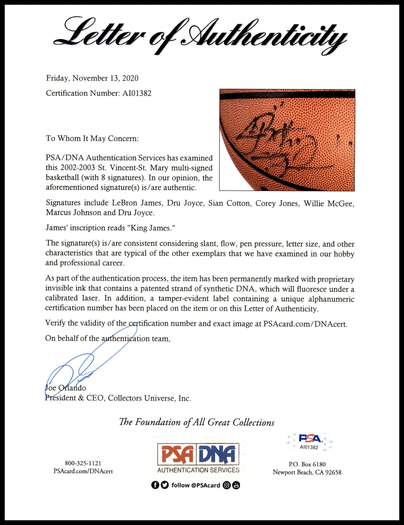 2002-03 St. Vincent-St. Mary Fighting Irish Multi Signed Autographed Basketball With 8 Total Signatures Including LeBron "King" James High School Signature PSA/DNA #AI01382