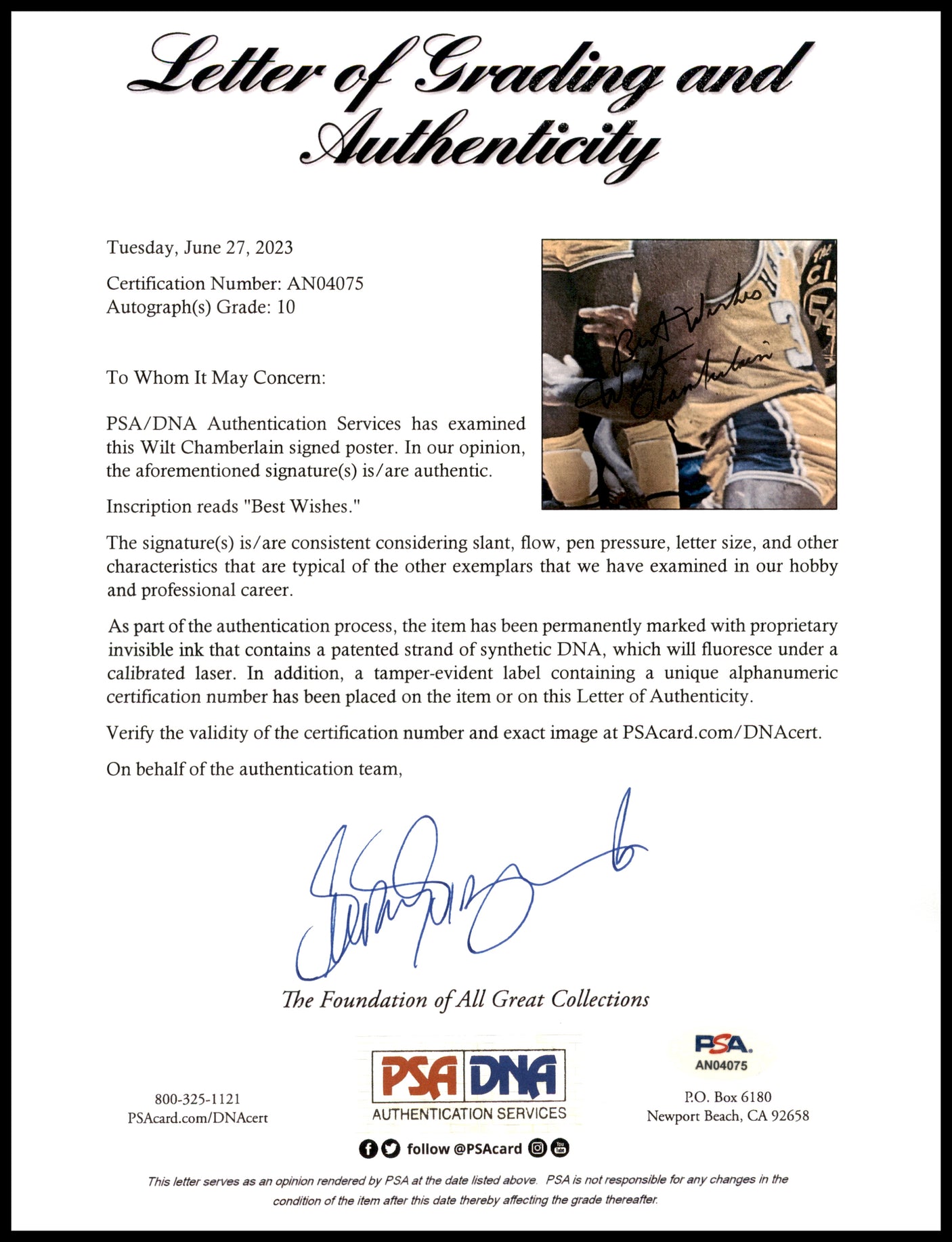 Wilt Chamberlain Autographed Framed 24x36 Sports Illustrated Poster Photo Los Angeles Lakers Auto Grade Gem Mint 10 "Best Wishes" PSA/DNA #AN04075