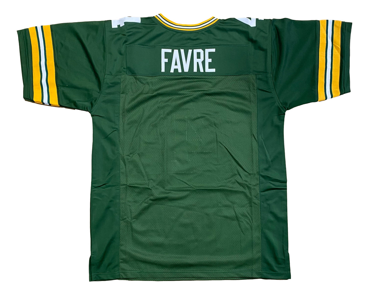 The Sports Integrity Brett Favre Custom Green Pro-Style Football Jersey features yellow and white sleeve stripes and "FAVRE" in white on the back. The photo shows the jersey laid flat with the back visible.