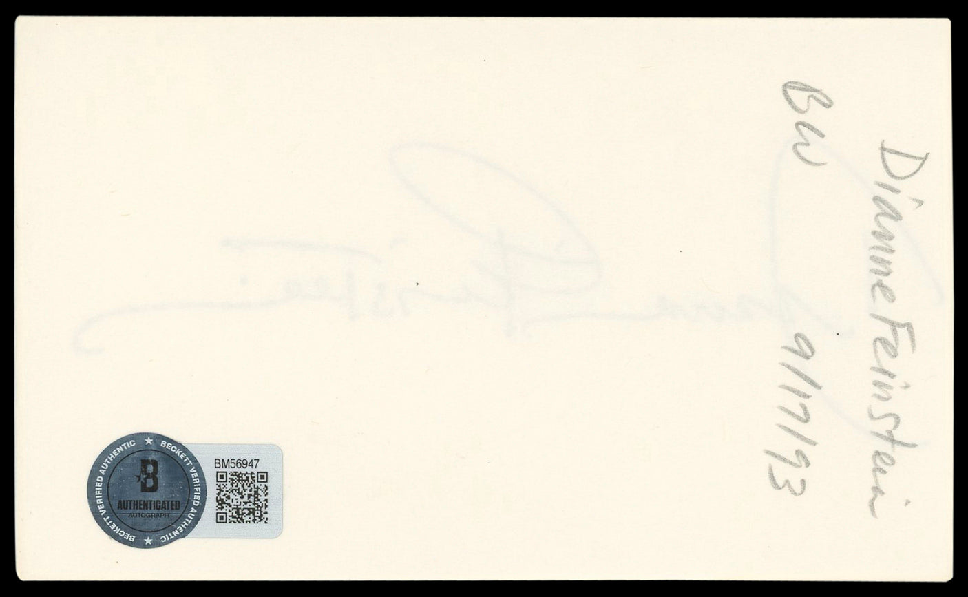 Dianne Feinstein Authentic Signed 3x5 Index Card Autographed BAS #BM56947