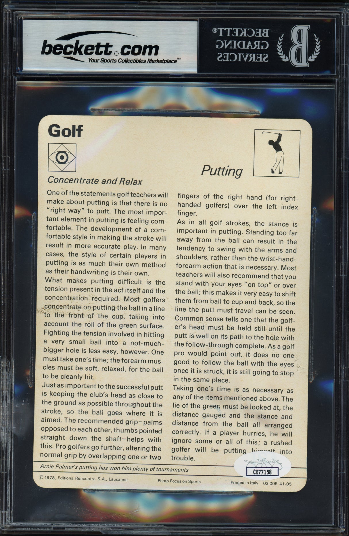 Arnold Palmer Autographed 1978 Sportscaster Card #41-05 Beckett BAS #18284485