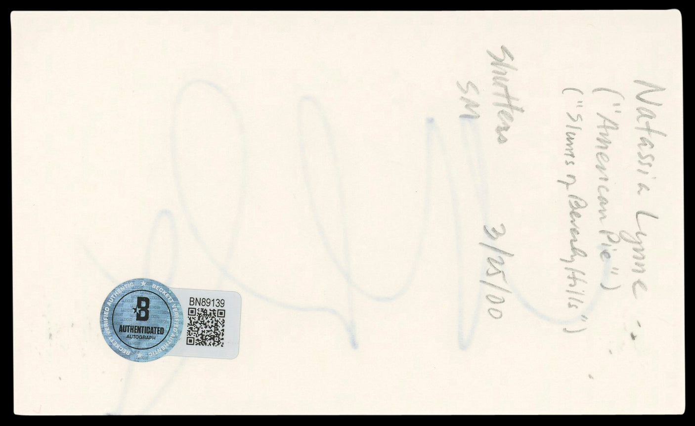Natasha Lyonne American Pie Authentic Signed 3x5 Index Card BAS #BN89139