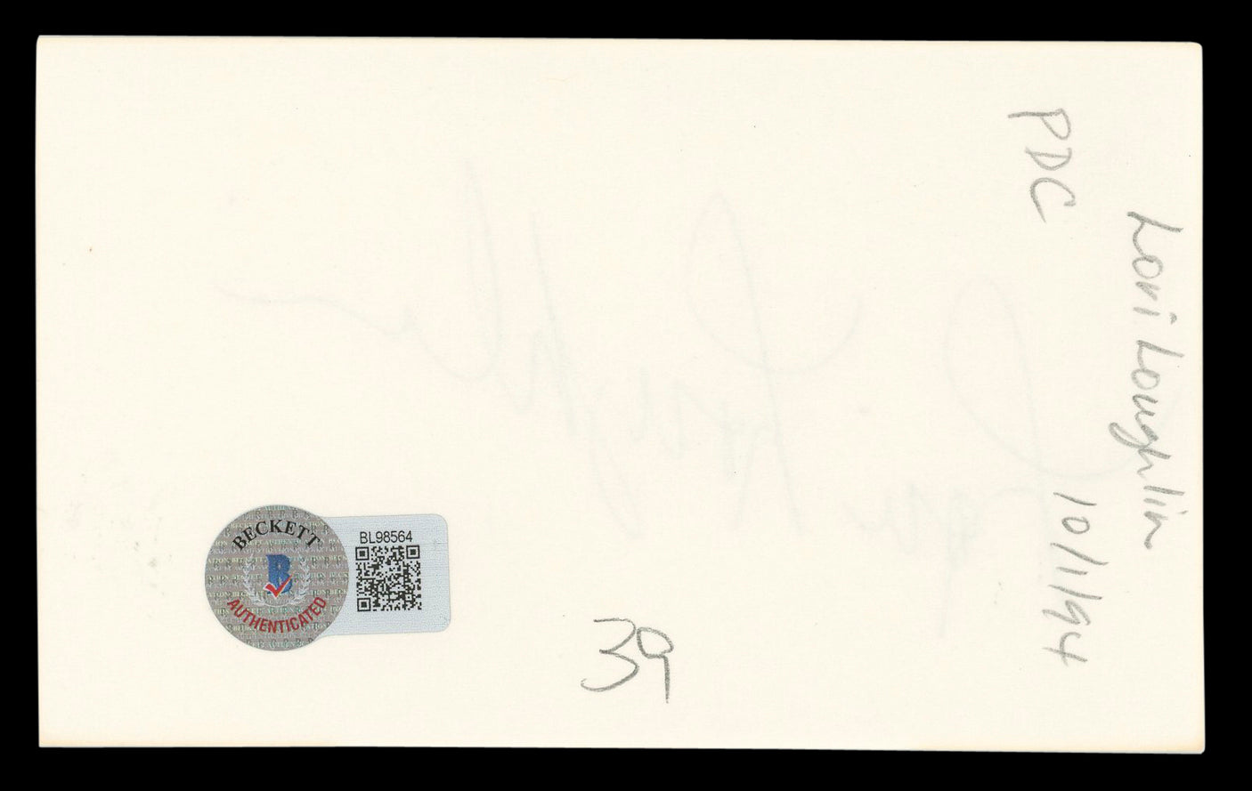 Lori Loughlin Full House Authentic Signed 3x5 Index Card BAS #BL98564