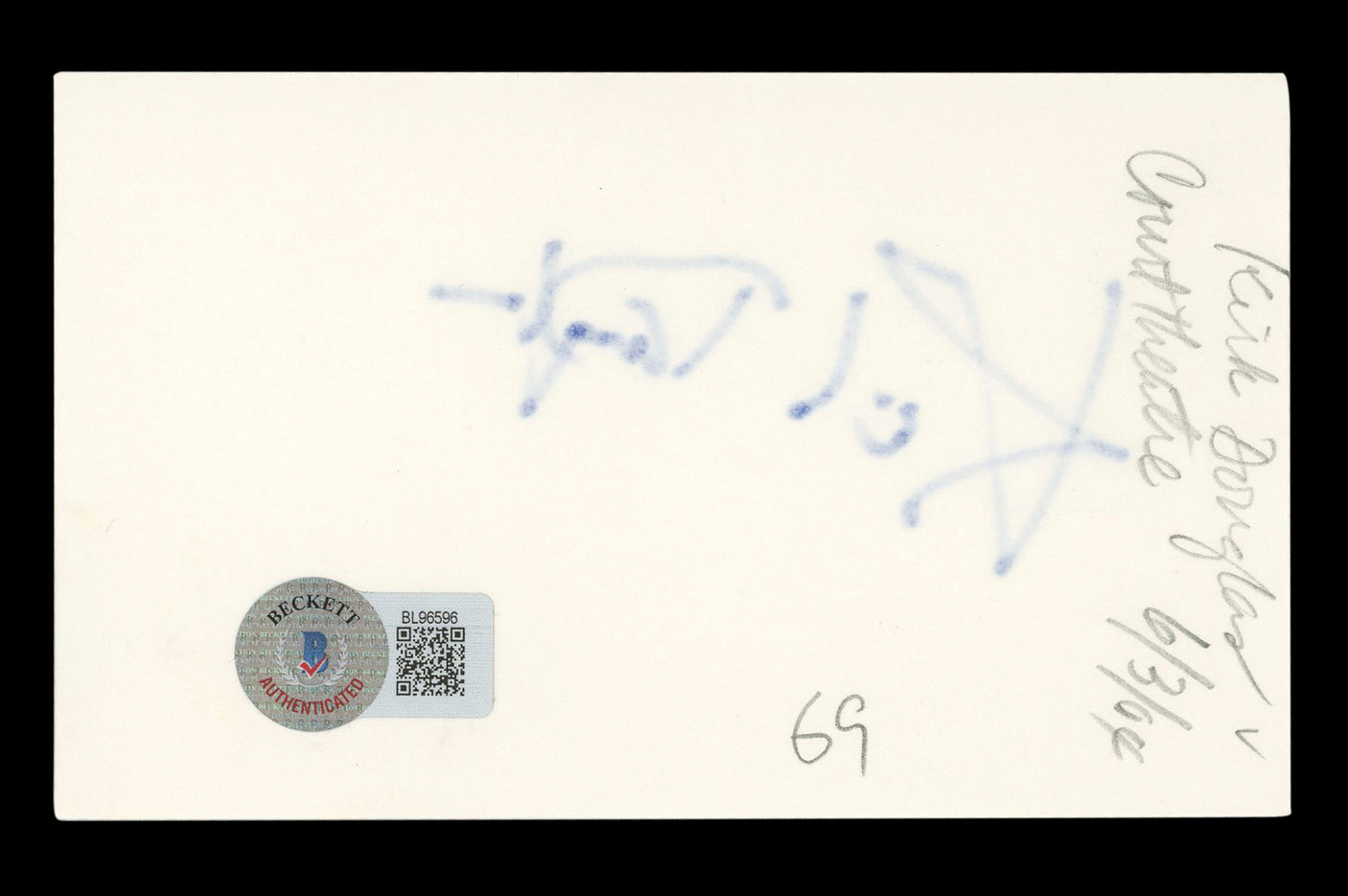 Kirk Douglas Spartacus Authentic Signed 3x5 Index Card Autographed BAS #BL96596