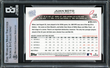Juan Soto Autographed 2022 Topps Opening Day Card #150 Washington Nationals Beckett BAS #16545840