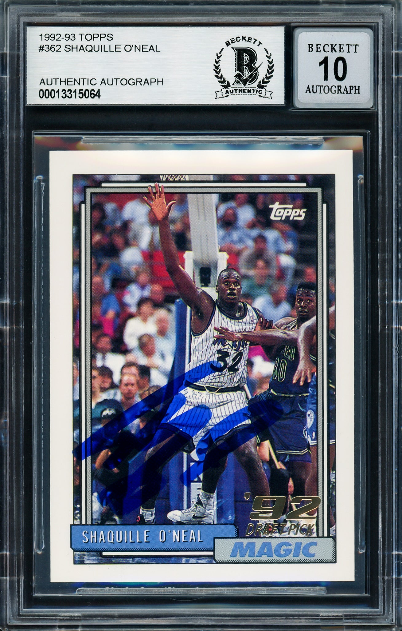 Shaquille Shaq O'Neal Autographed 1992 Topps Rookie Card #362 Orlando Magic Auto Grade Gem Mint 10 Beckett BAS Stock #206318
