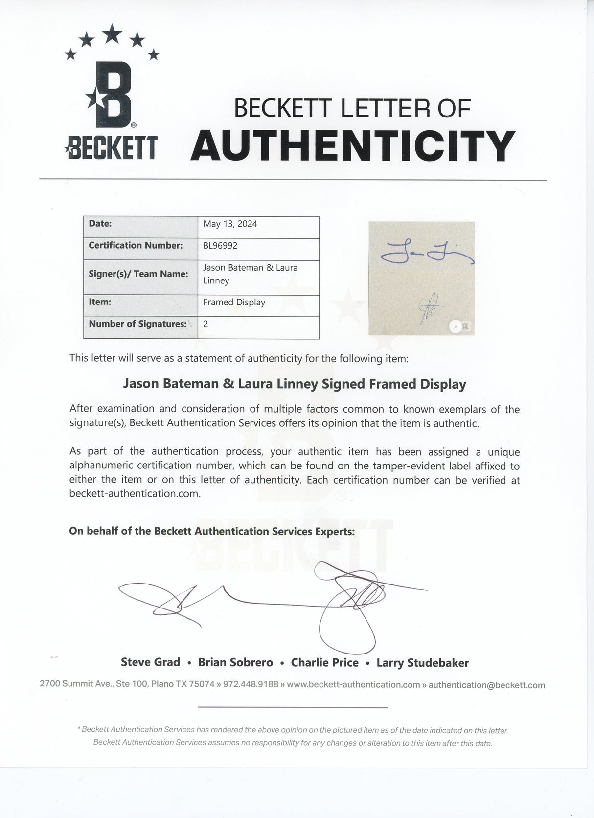 Jason Bateman & Laura Linney Ozark Signed Index Card Framed Display BAS #BL96992