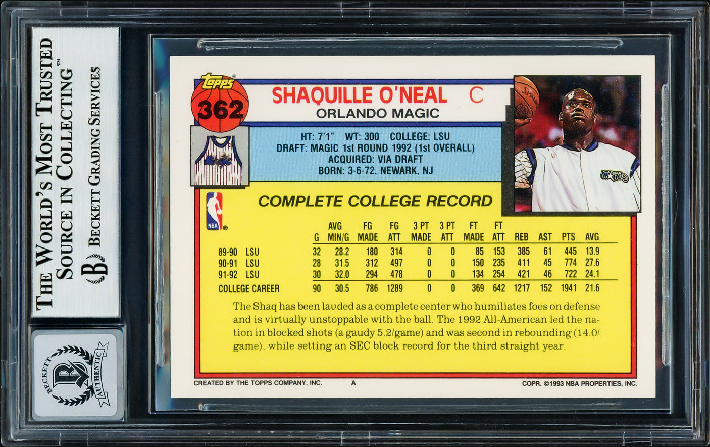 Shaquille Shaq O'Neal Autographed 1992 Topps Rookie Card #362 Orlando Magic Auto Grade Gem Mint 10 Beckett BAS Stock #206318