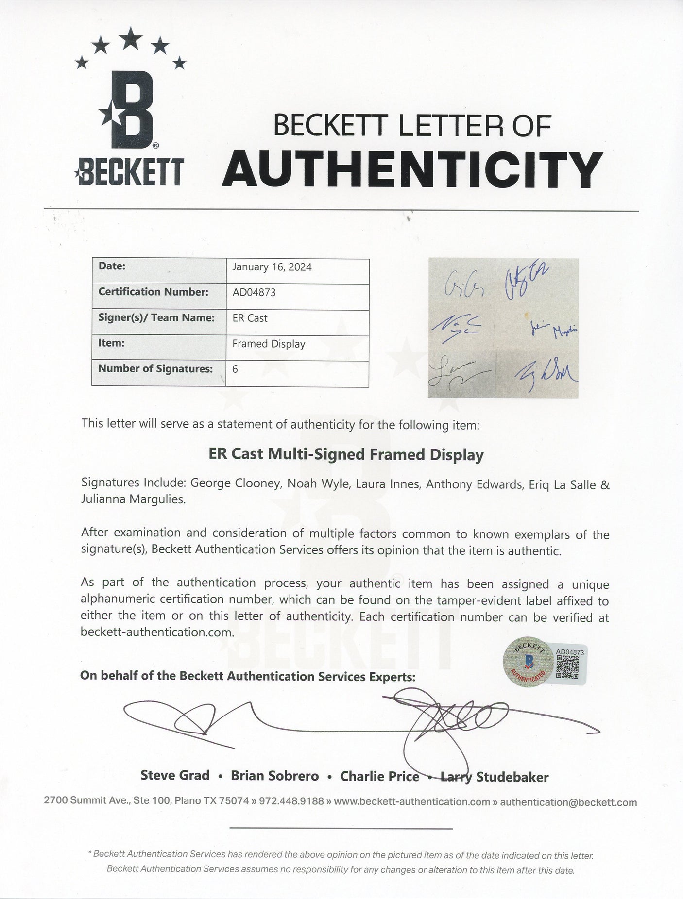 ER (6) Clooney, Wyle, Edwards, Margulies +2 Signed Framed Display BAS #AD04873