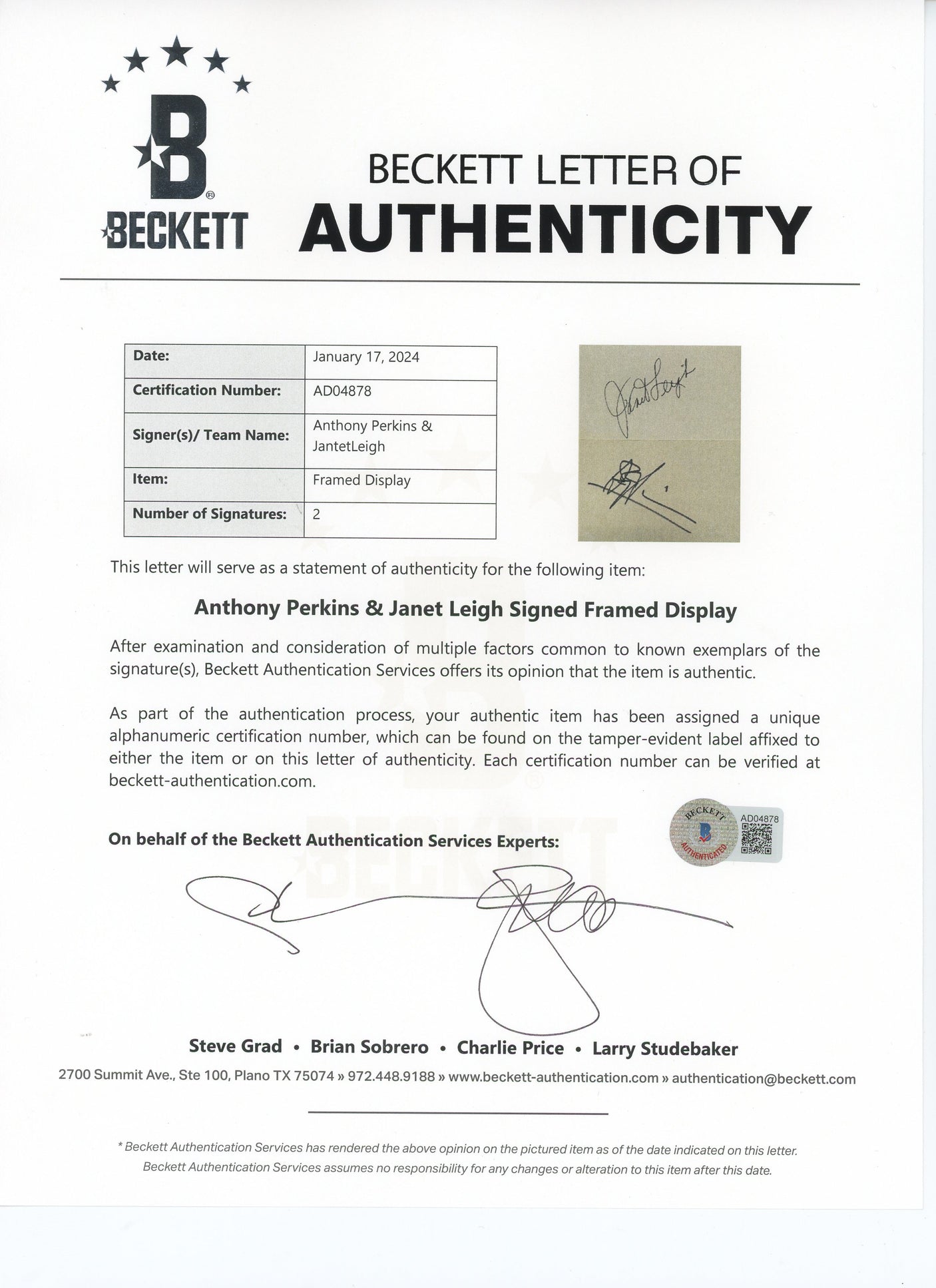 Janet Leigh & Anthony Perkins Psycho Signed 3x5 Index Card Framed Display BAS