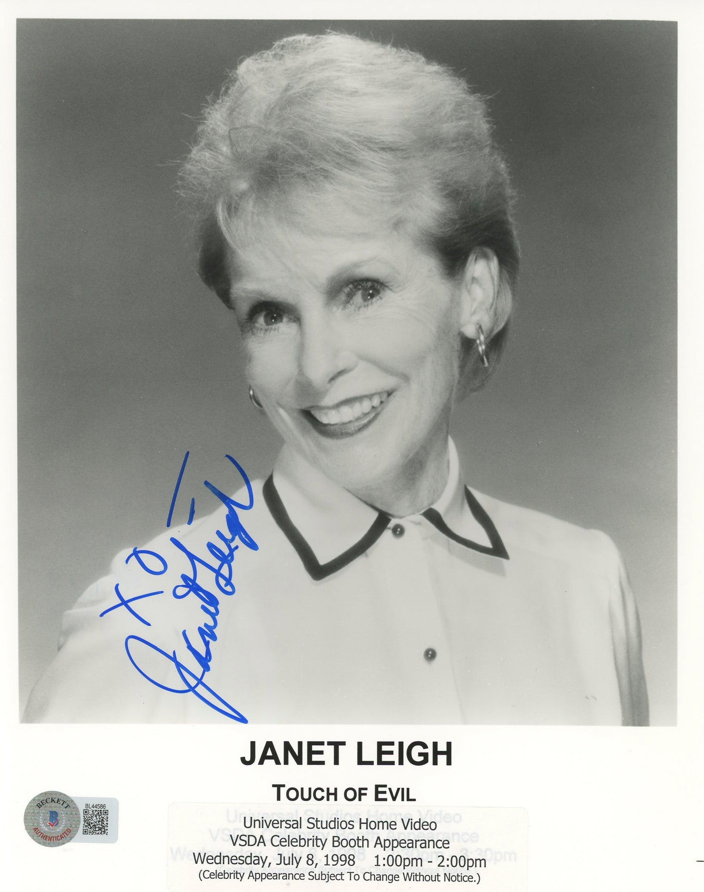 Janet Leigh Touch of Evil "XO" Authentic Signed 8x10 Photo BAS #BL44586