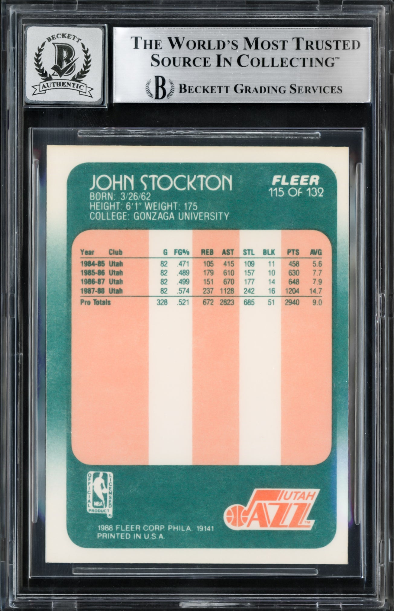 John Stockton Autographed 1988-89 Fleer Rookie Card #115 Utah Jazz Auto Grade Gem Mint 10 Beckett BAS Stock #232721