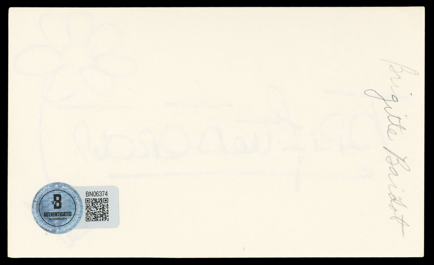 Brigitte Bardot Contempt "Flower" Authentic Signed 3x5 Index Card BAS #BN06374